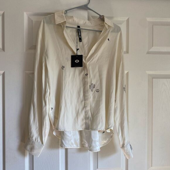 NWT This is Veda large off white button up long sleeve abstract doodle art - Picture 1 of 6